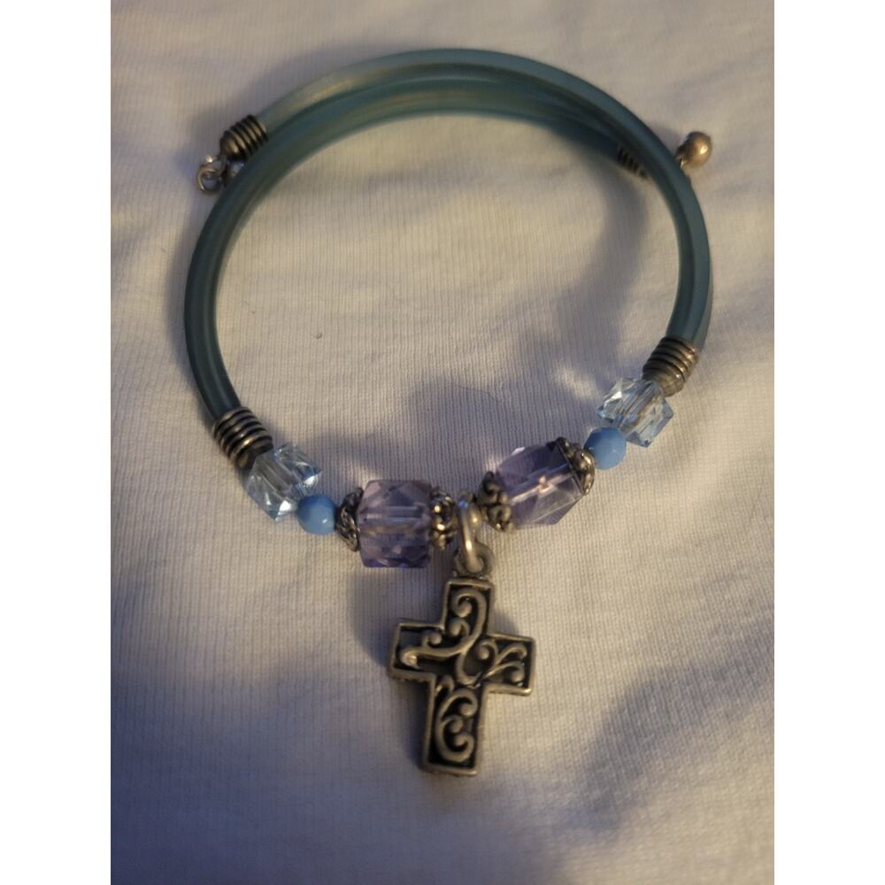 Cross Bracelet Brushed Silver-Tone blue purple beads flex strap slip on - Picture 5 of 5